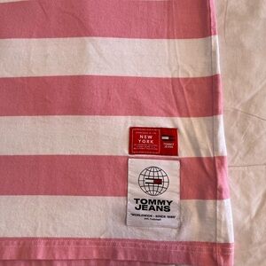 Vintage Tommy Hilfiger Pink and White Striped Rugby Shirt (oversized)